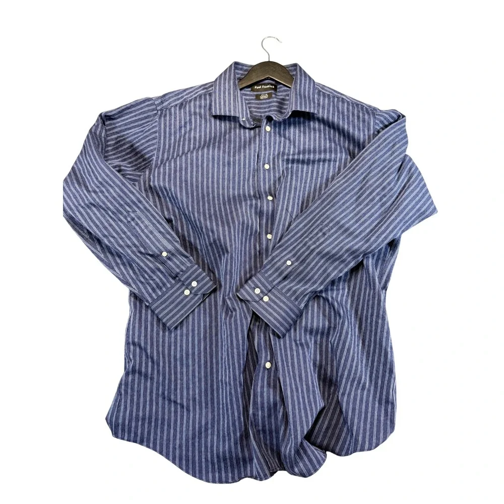 Paul Fredrick Tailored Fit Button Down Shirt Size 17.5 34 Navy Blue Striped EUC